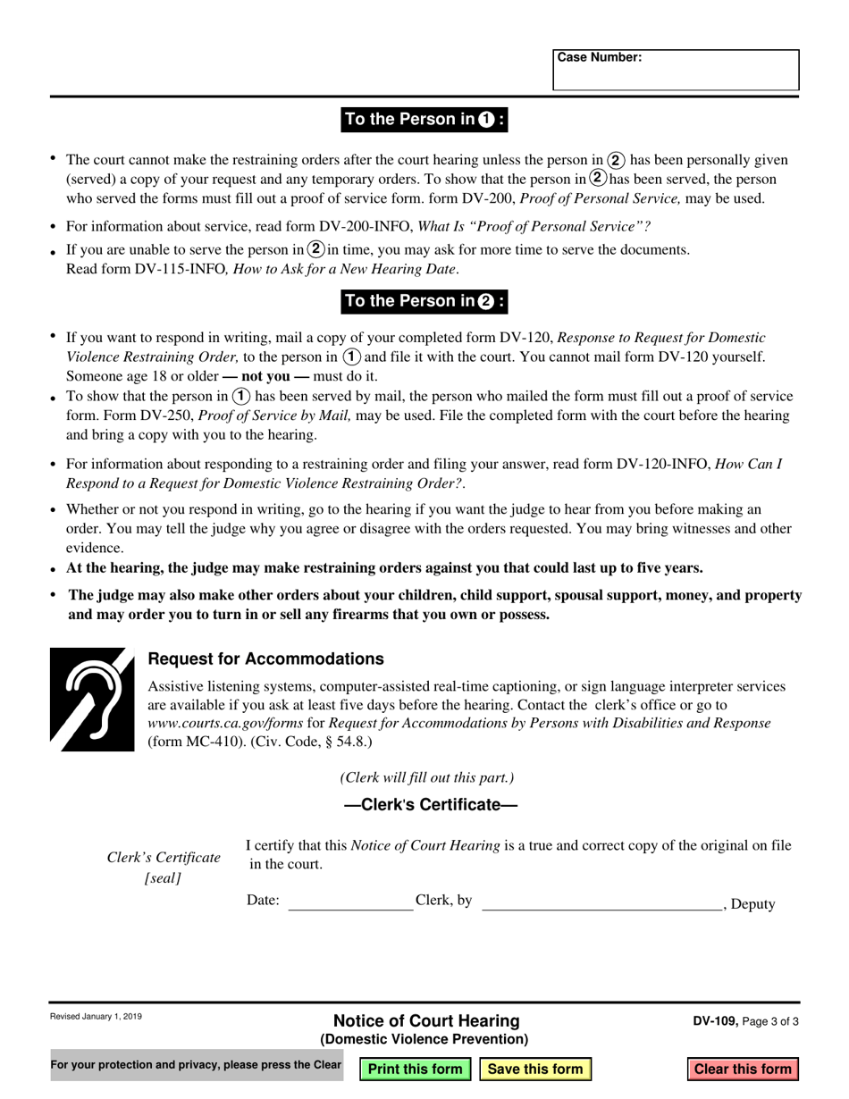 Form DV-109 Notice of Court Hearing (Domestic Violence Prevention) - California, Page 3