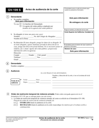 Document preview: Formulario GV-109 S Aviso De Audiencia De La Corte - California (Spanish)