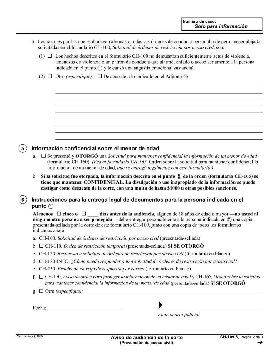 Formulario CH-109 S Aviso De Audiencia De La Corte - California (Spanish), Page 2