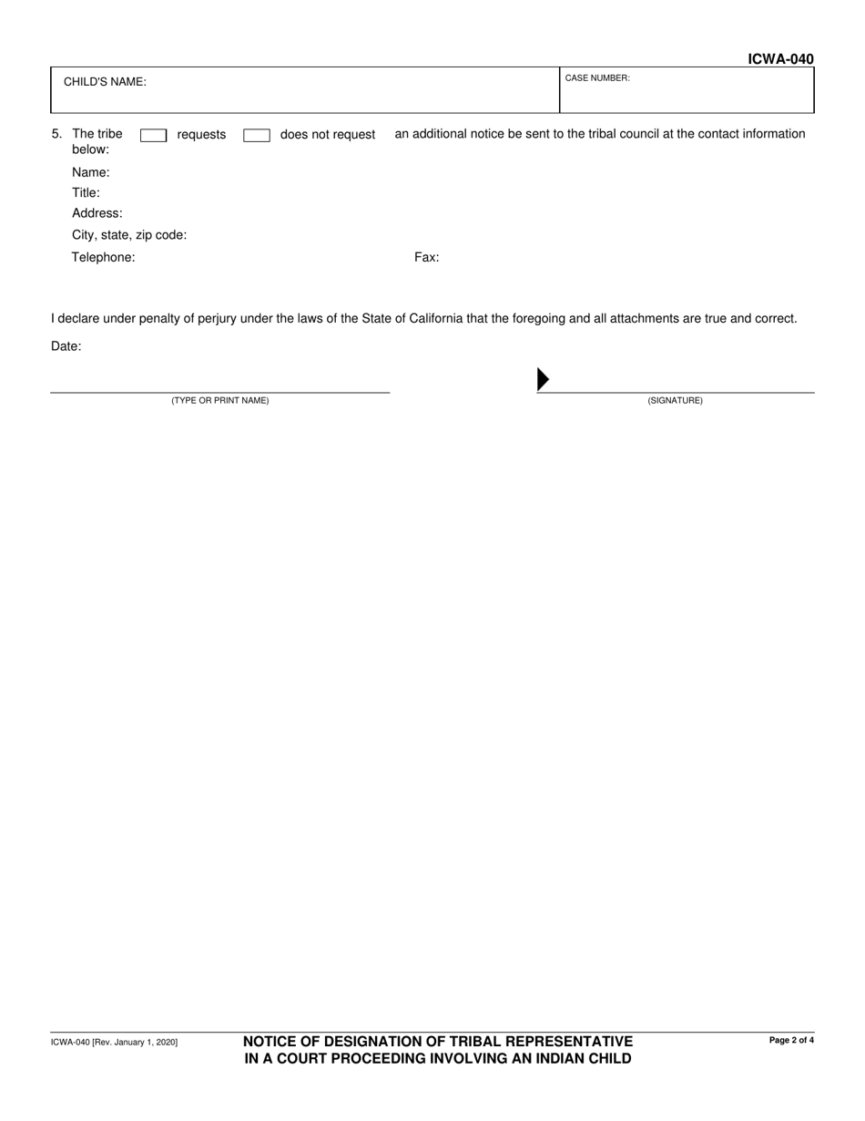 Form ICWA-040 Notice of Designation of Tribal Representative in a Court Proceeding Involving an Indian Child - California, Page 2