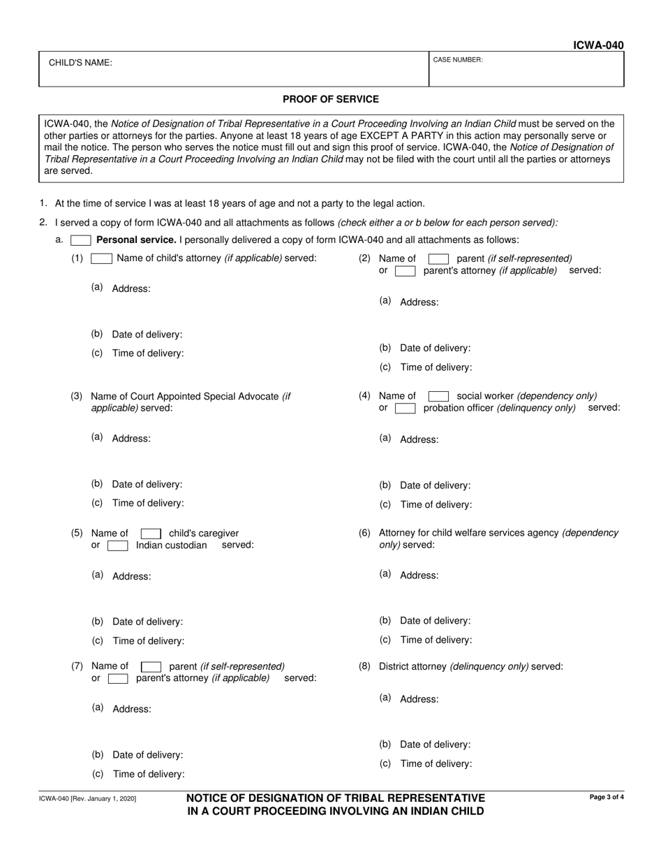 Form ICWA-040 Notice of Designation of Tribal Representative in a Court Proceeding Involving an Indian Child - California, Page 3
