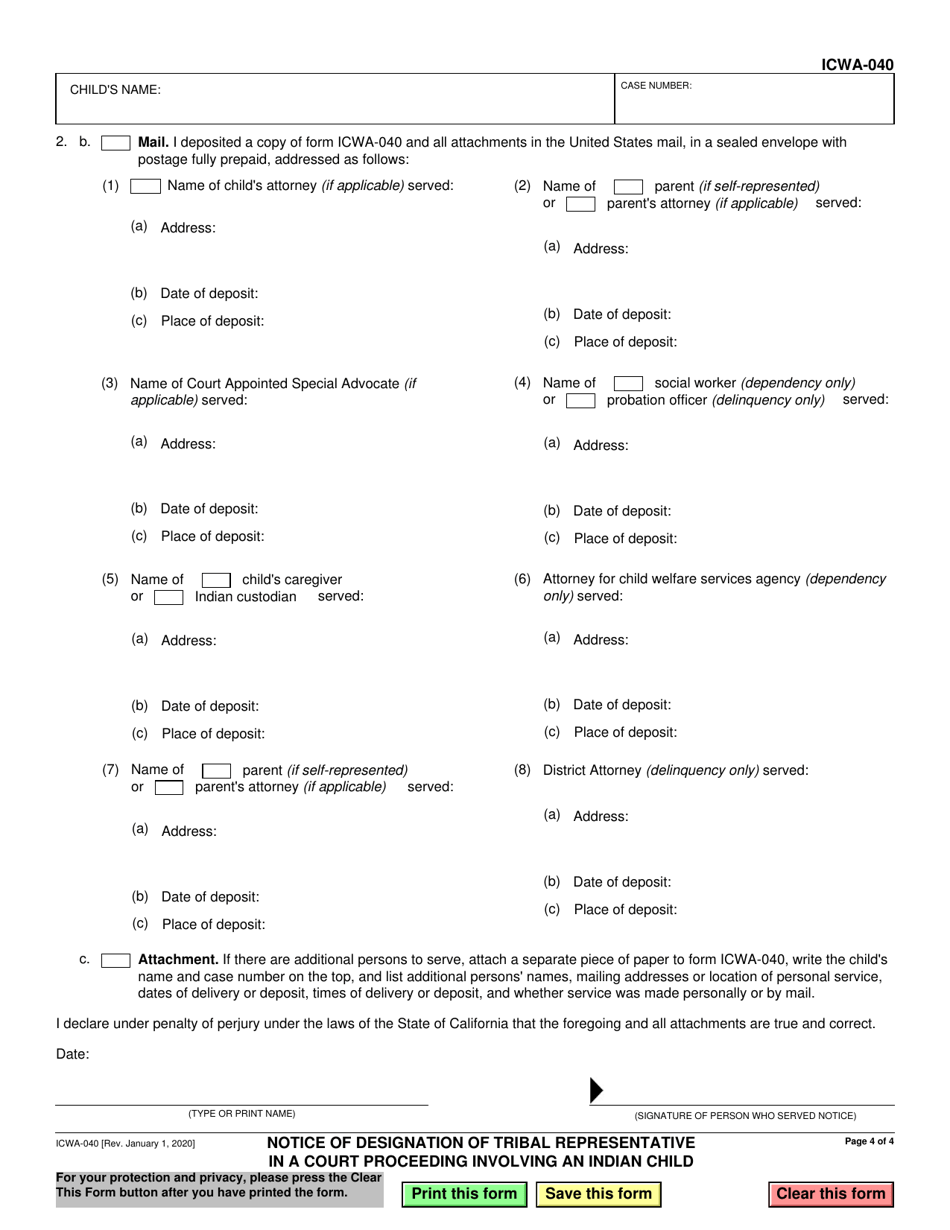 Form ICWA-040 Notice of Designation of Tribal Representative in a Court Proceeding Involving an Indian Child - California, Page 4
