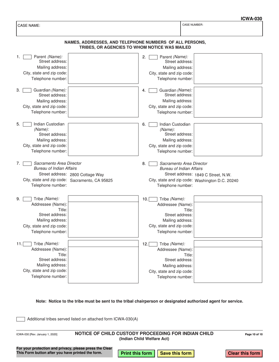 Form ICWA-030 Notice of Child Custody Proceeding for Indian Child (Indian Child Welfare Act) - California, Page 10