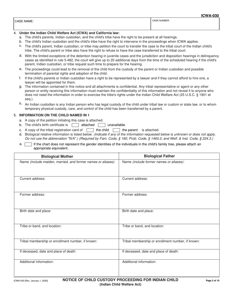 Form ICWA-030 Notice of Child Custody Proceeding for Indian Child (Indian Child Welfare Act) - California, Page 2