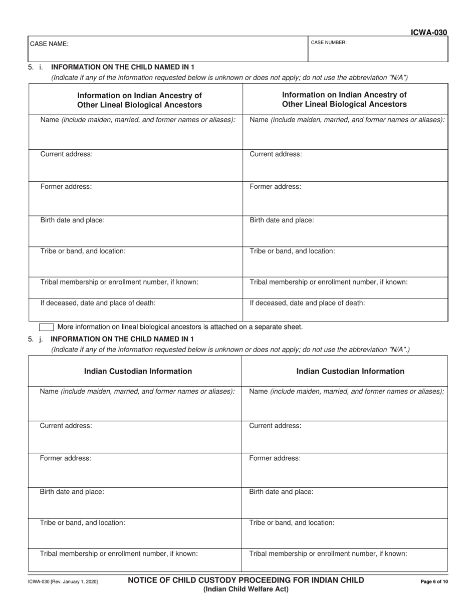 Form ICWA-030 Notice of Child Custody Proceeding for Indian Child (Indian Child Welfare Act) - California, Page 6
