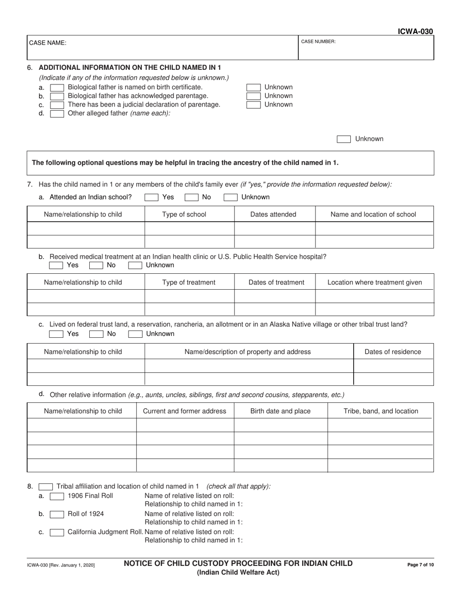 Form ICWA-030 Notice of Child Custody Proceeding for Indian Child (Indian Child Welfare Act) - California, Page 7