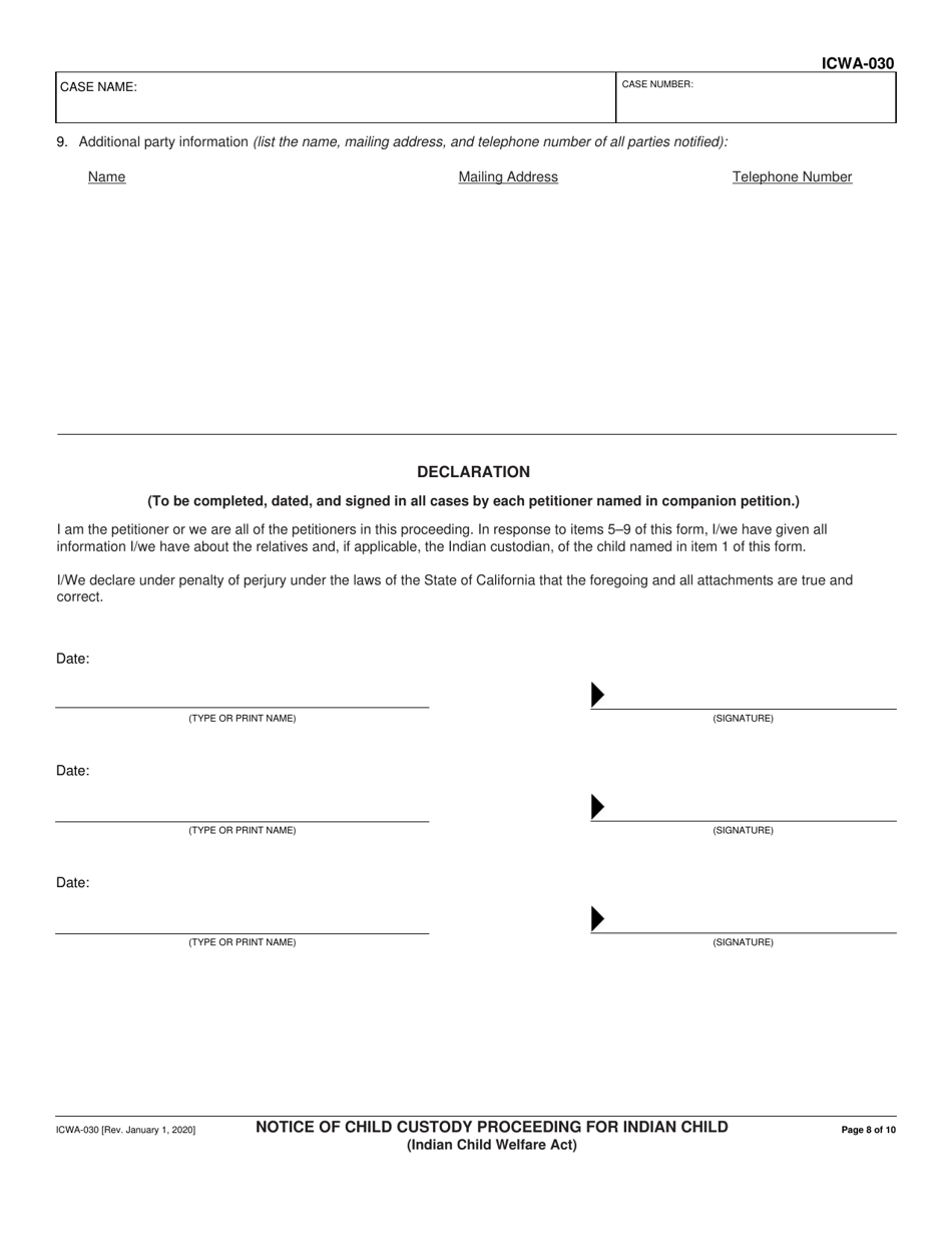 Form ICWA-030 Notice of Child Custody Proceeding for Indian Child (Indian Child Welfare Act) - California, Page 8