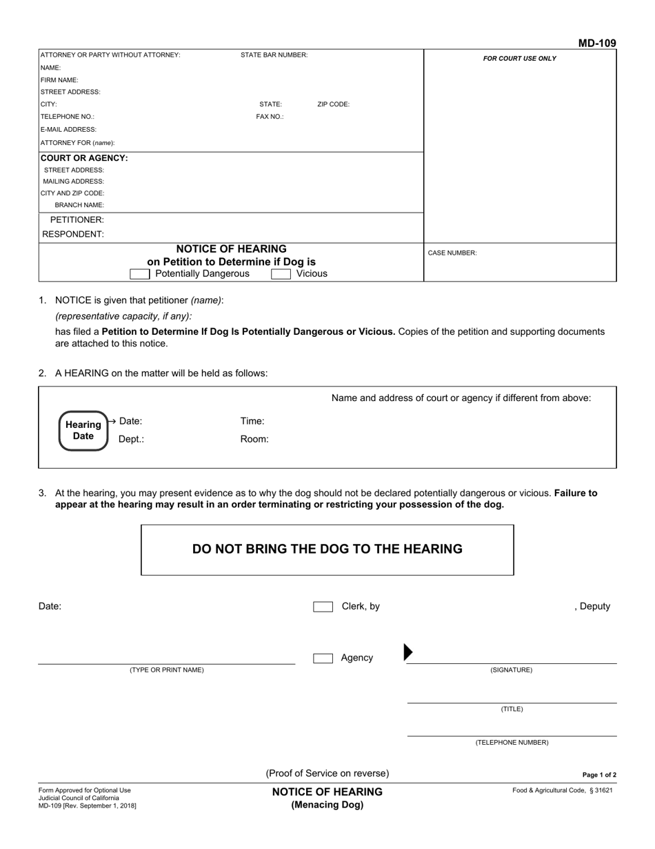 Form MD-109 Notice of Hearing (Menacing Dog) - California, Page 1