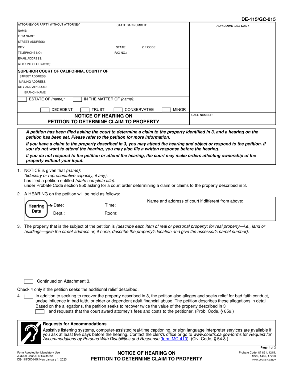 Form DE-115 (GC-015) Notice of Hearing on Petition to Determine Claim to Property - California, Page 1