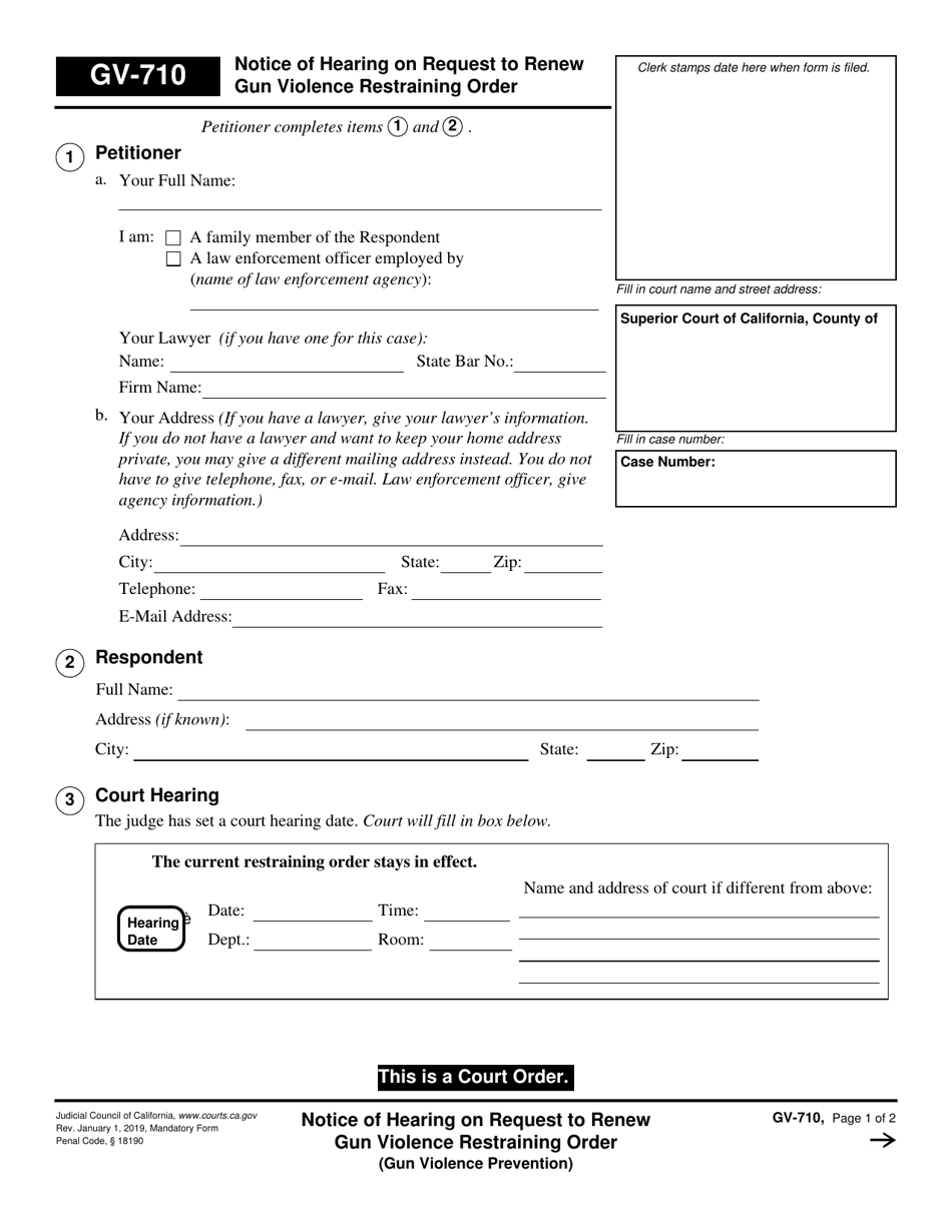 Form GV-710 Notice of Hearing on Request to Renew Gun Violence Restraining Order - California, Page 1