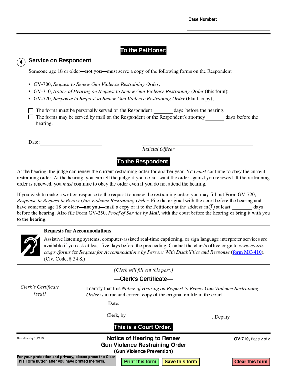 Form GV-710 Notice of Hearing on Request to Renew Gun Violence Restraining Order - California, Page 2