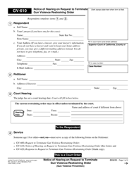 Document preview: Form GV-610 Notice of Hearing on Request to Terminate Gun Violence Restraining Order - California