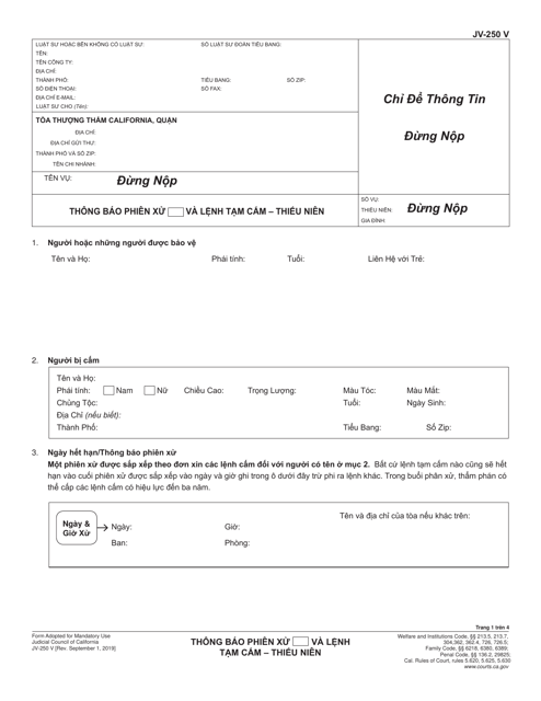 Form JV-250 V Notice of Hearing and Temporary Restraining Order - Juvenile - California (Vietnamese)