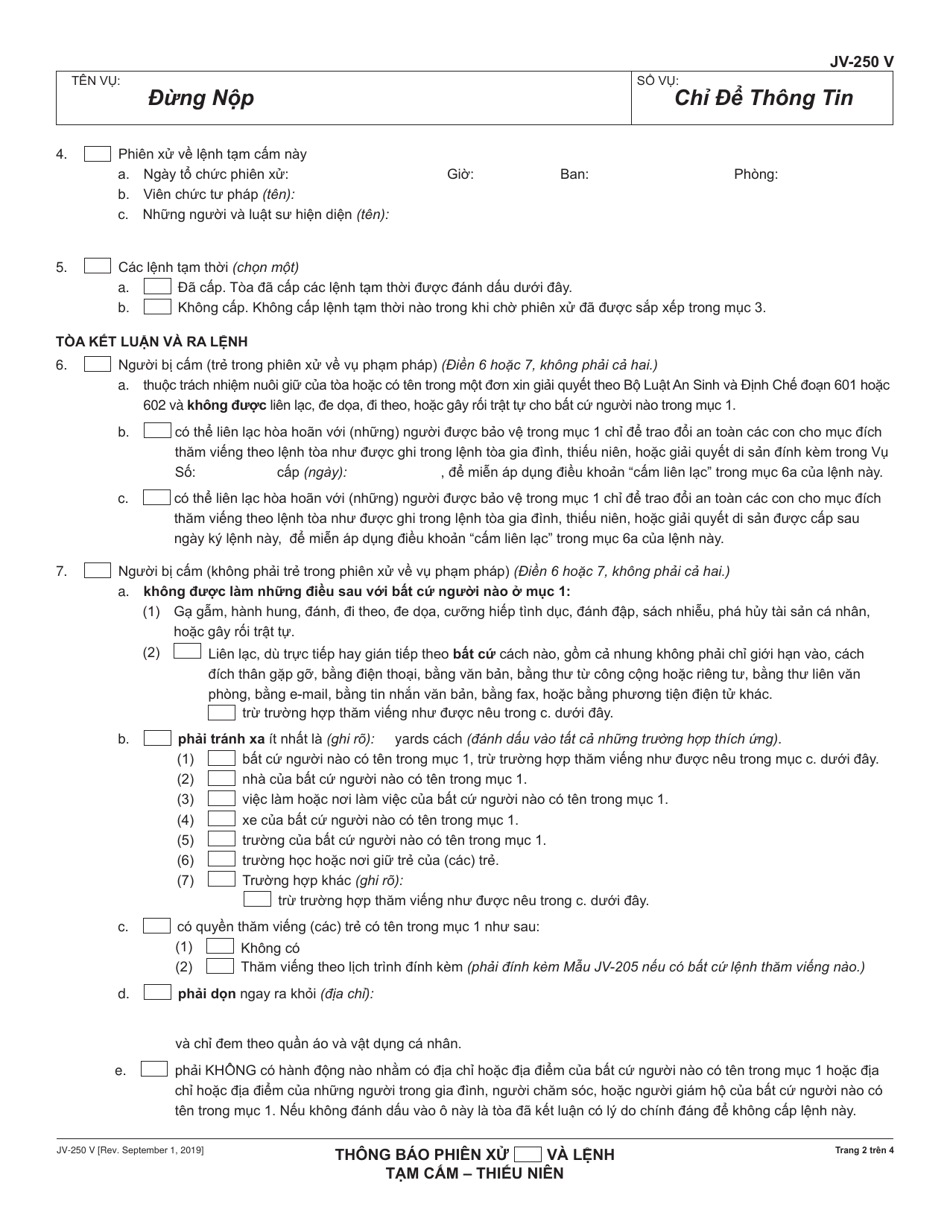 Form JV-250 V Notice of Hearing and Temporary Restraining Order - Juvenile - California (Vietnamese), Page 2