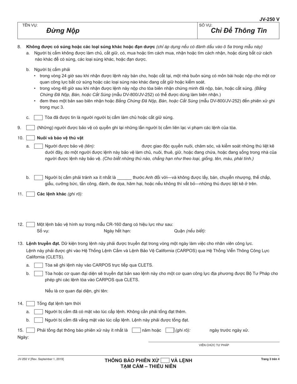 Form JV-250 V Notice of Hearing and Temporary Restraining Order - Juvenile - California (Vietnamese), Page 3