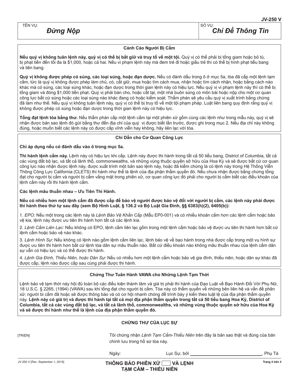 Form JV-250 V Notice of Hearing and Temporary Restraining Order - Juvenile - California (Vietnamese), Page 4