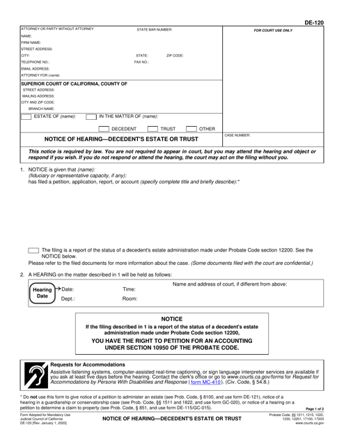 Form DE-120 Notice of Hearing - Decedent's Estate or Trust - California