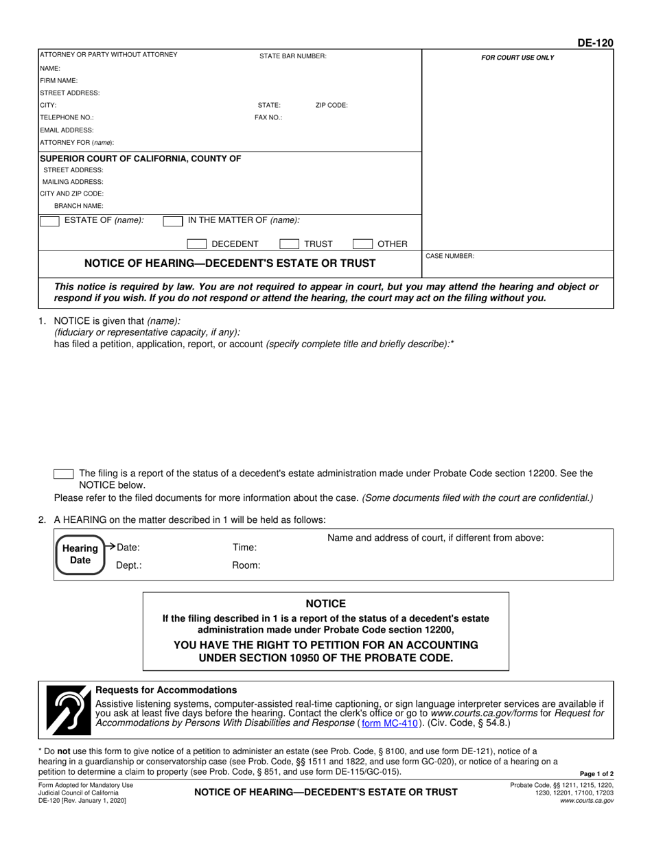 Form DE-120 Notice of Hearing - Decedents Estate or Trust - California, Page 1