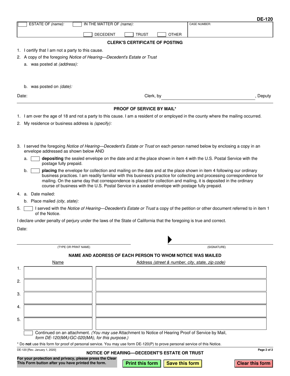 Form DE-120 Notice of Hearing - Decedents Estate or Trust - California, Page 2