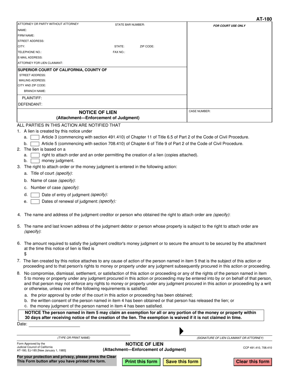 Form AT-180 Notice of Lien (Attachment - Enforcement of Judgment) - California, Page 1