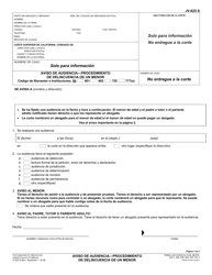 Document preview: Formulario JV-625 Aviso De Audiencia - Procedimiento De Delincuencia De Un Menor - California (Spanish)