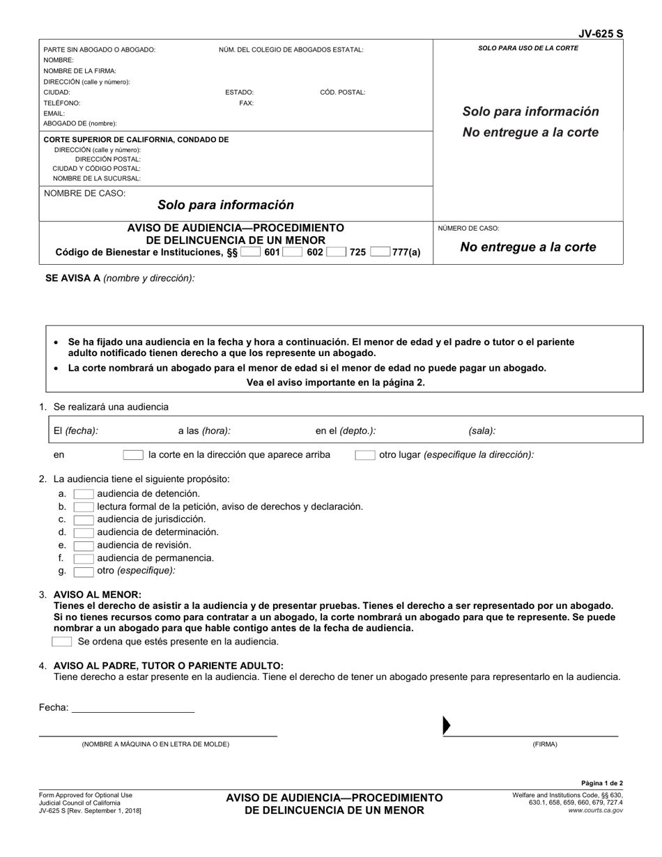 Formulario JV-625 Aviso De Audiencia - Procedimiento De Delincuencia De Un Menor - California (Spanish), Page 1