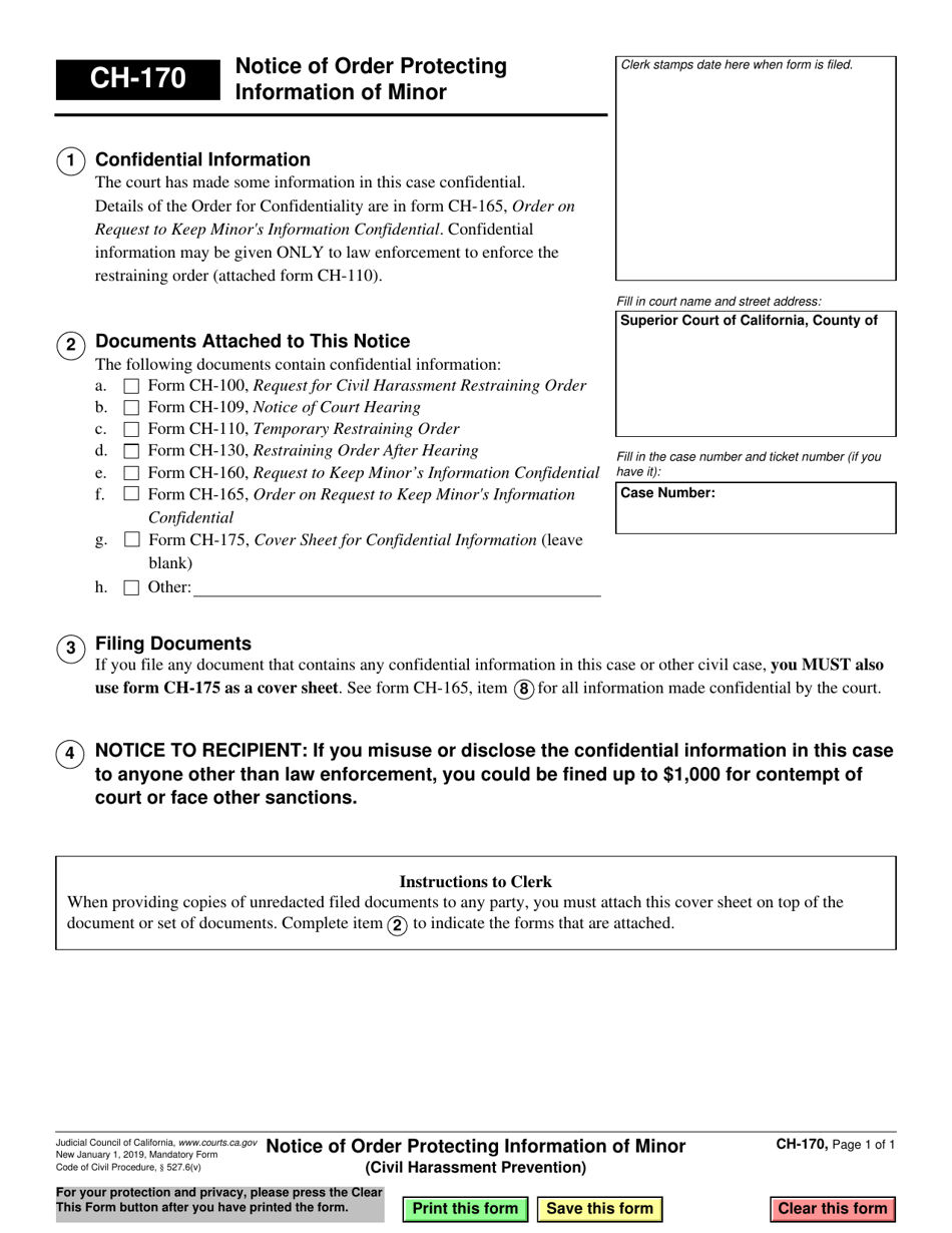 Form CH-170 Notice of Order Protecting Information of Minor - California, Page 1