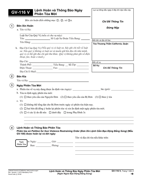 Form GV-116 V Notice of New Hearing Date - California (Vietnamese)