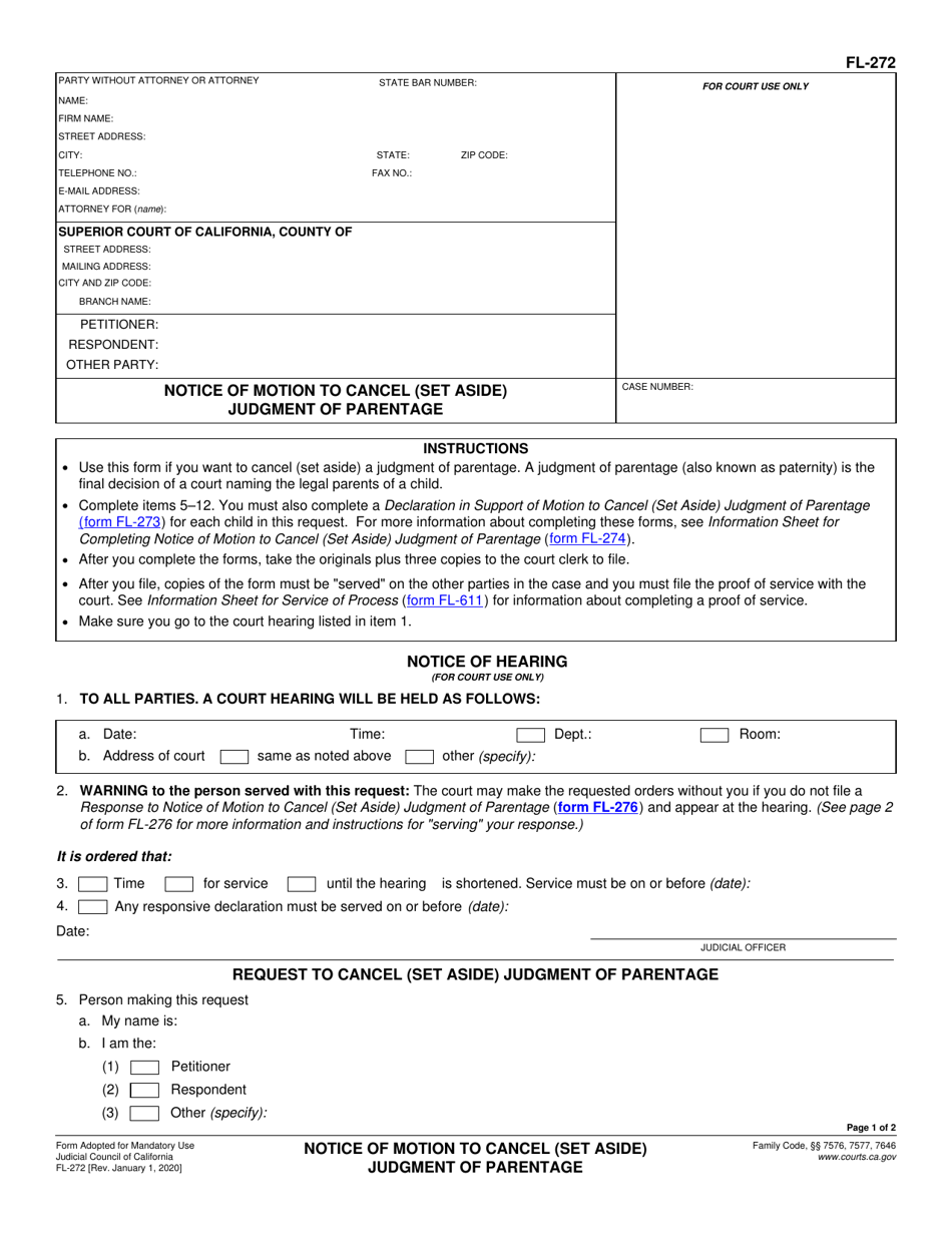 Form FL-272 Notice of Motion to Cancel (Set Aside) Judgment of Parentage - California, Page 1