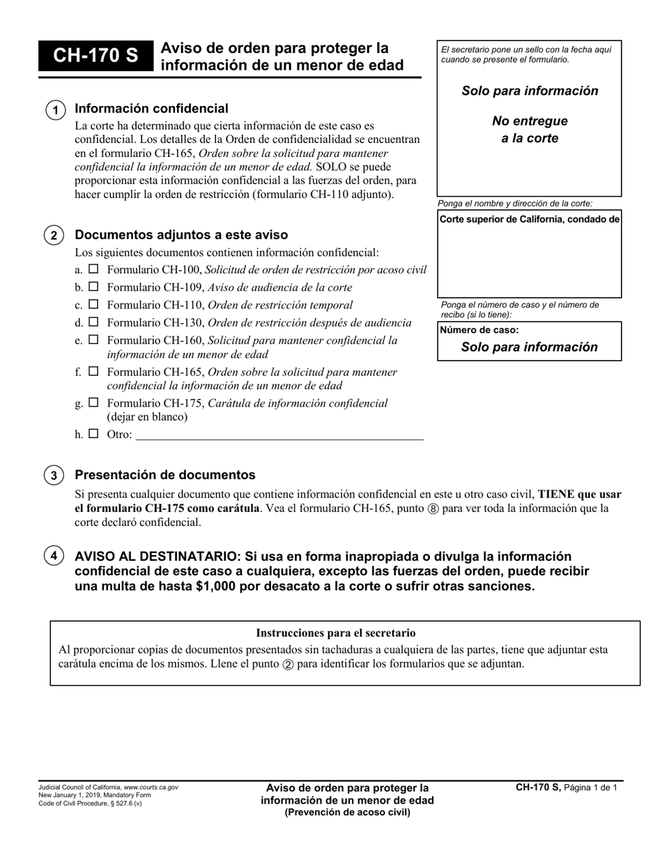Formulario CH-170 Aviso De Orden Para Proteger La Informacion De Un Menor De Edad - California (Spanish), Page 1