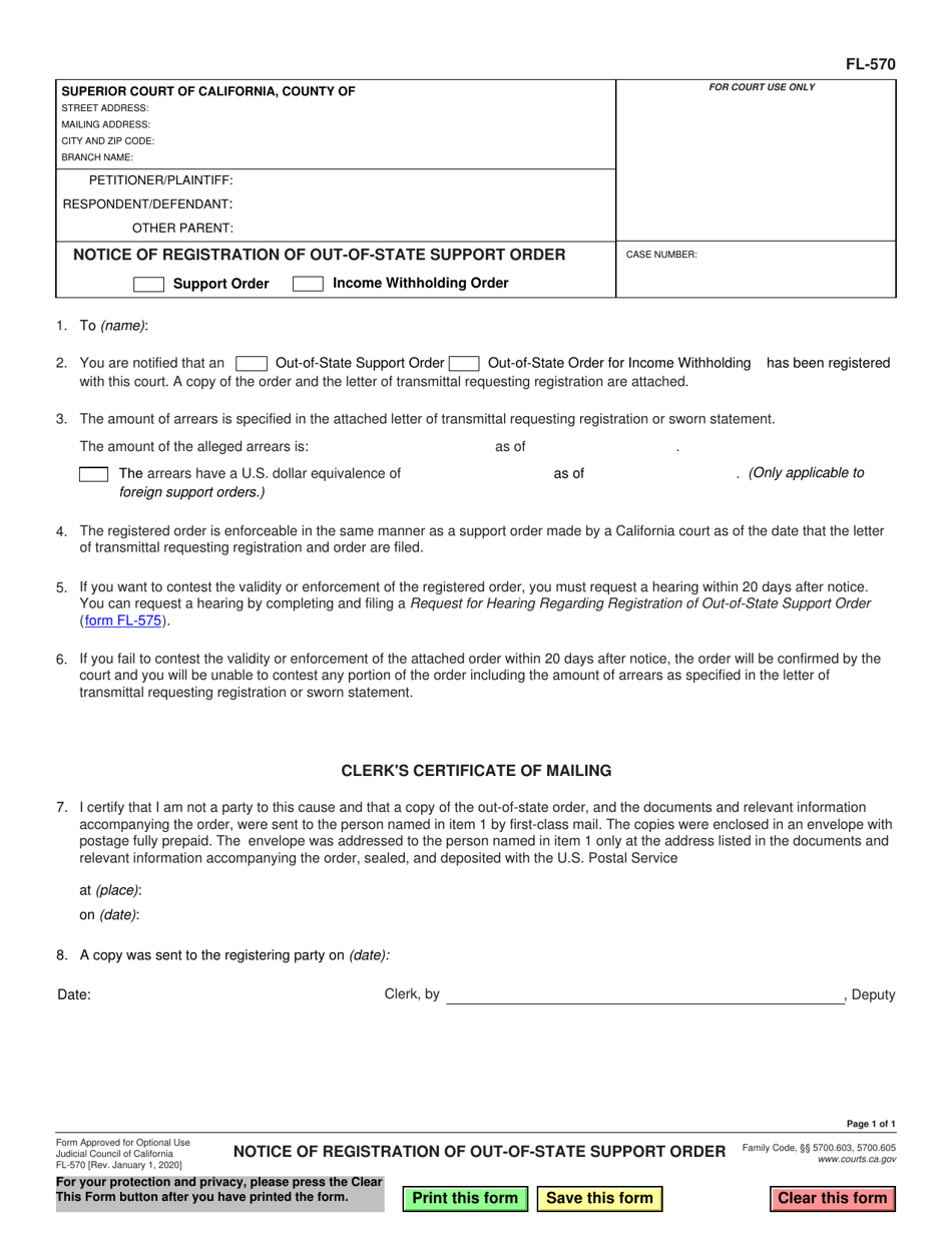 Form FL-570 Notice of Registration of Out-of-State Support Order - California, Page 1