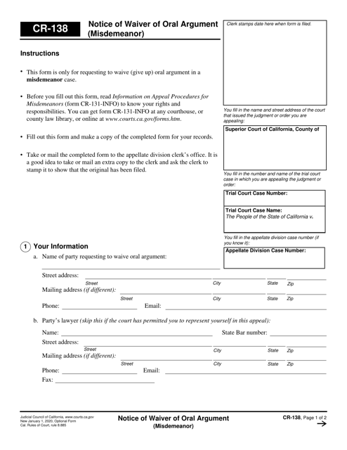 Form CR-138 Notice of Waiver of Oral Argument (Misdemeanor) - California
