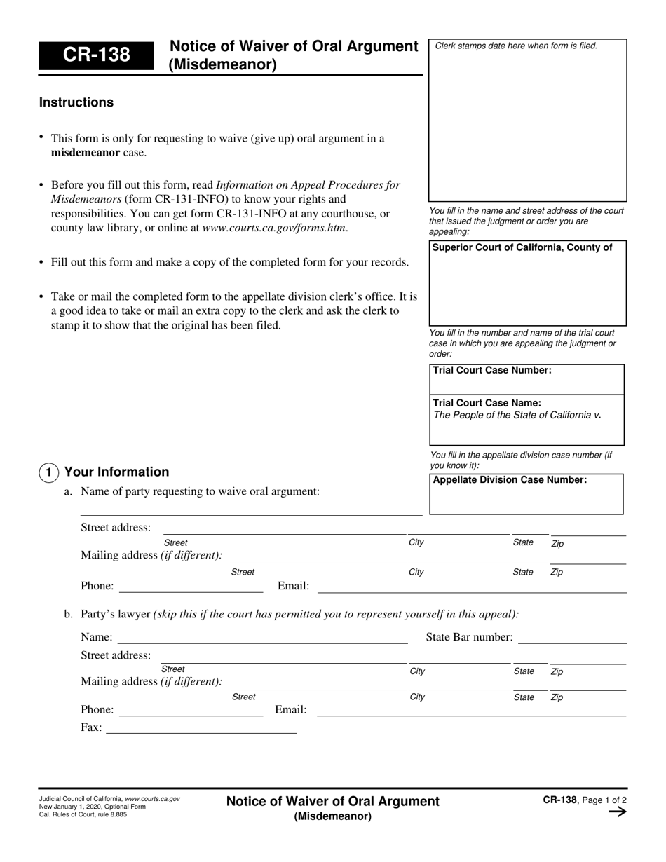 Form CR-138 Notice of Waiver of Oral Argument (Misdemeanor) - California, Page 1