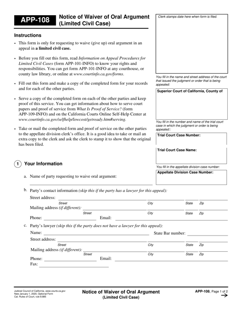 Form APP-108 Notice of Waiver of Oral Argument (Limited Civil Case) - California
