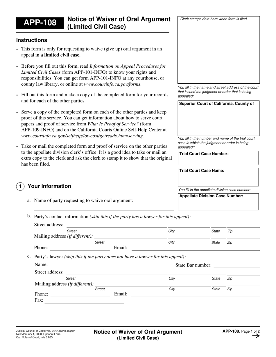 Form APP-108 Notice of Waiver of Oral Argument (Limited Civil Case) - California, Page 1