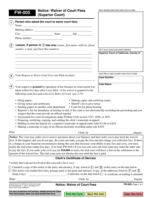Form FW-005 Notice: Waiver of Court Fees (Superior Court) - California