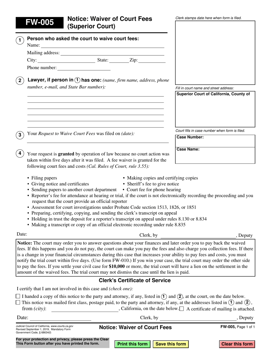 Form FW-005 Notice: Waiver of Court Fees (Superior Court) - California, Page 1