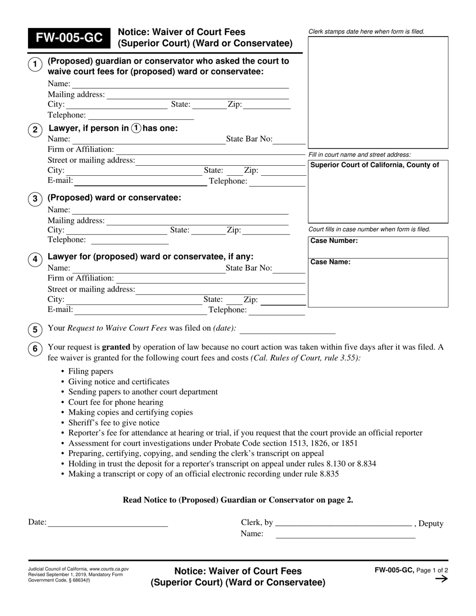 Form FW-005-GC Notice: Waiver of Court Fees (Superior Court) (Ward or Conservatee) - California, Page 1
