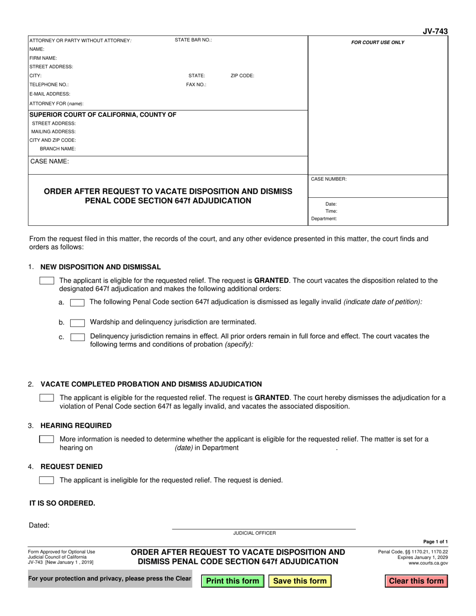 Form JV-743 Order After Request to Vacate Disposition and Dismiss Penal Code Section 647f Adjudication - California, Page 1