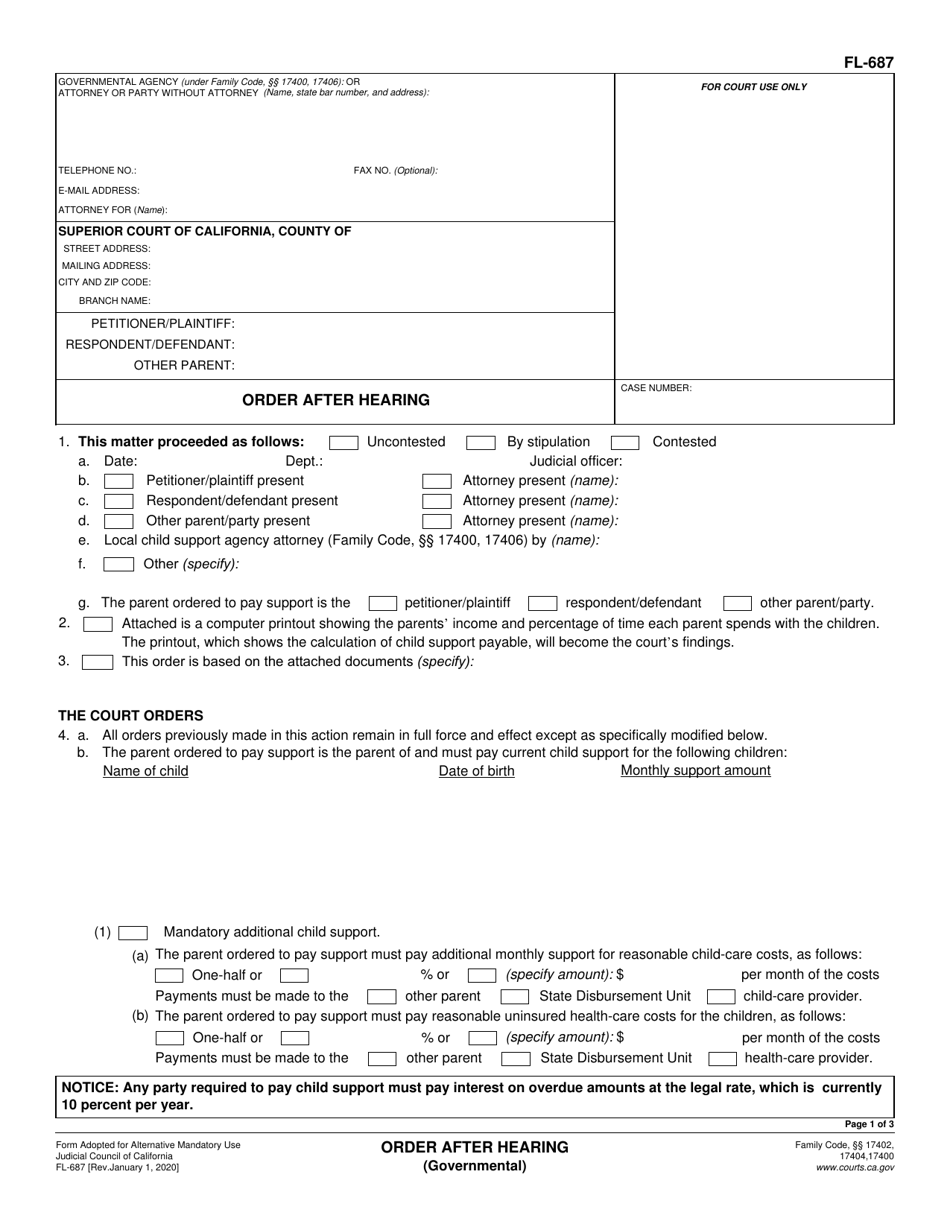 Form FL-687 Order After Hearing (Governmental) - California, Page 1