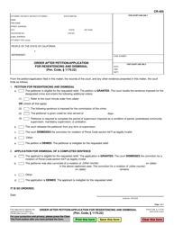Document preview: Form CR-405 Order After Petition/Application for Resentencing and Dismissal - California