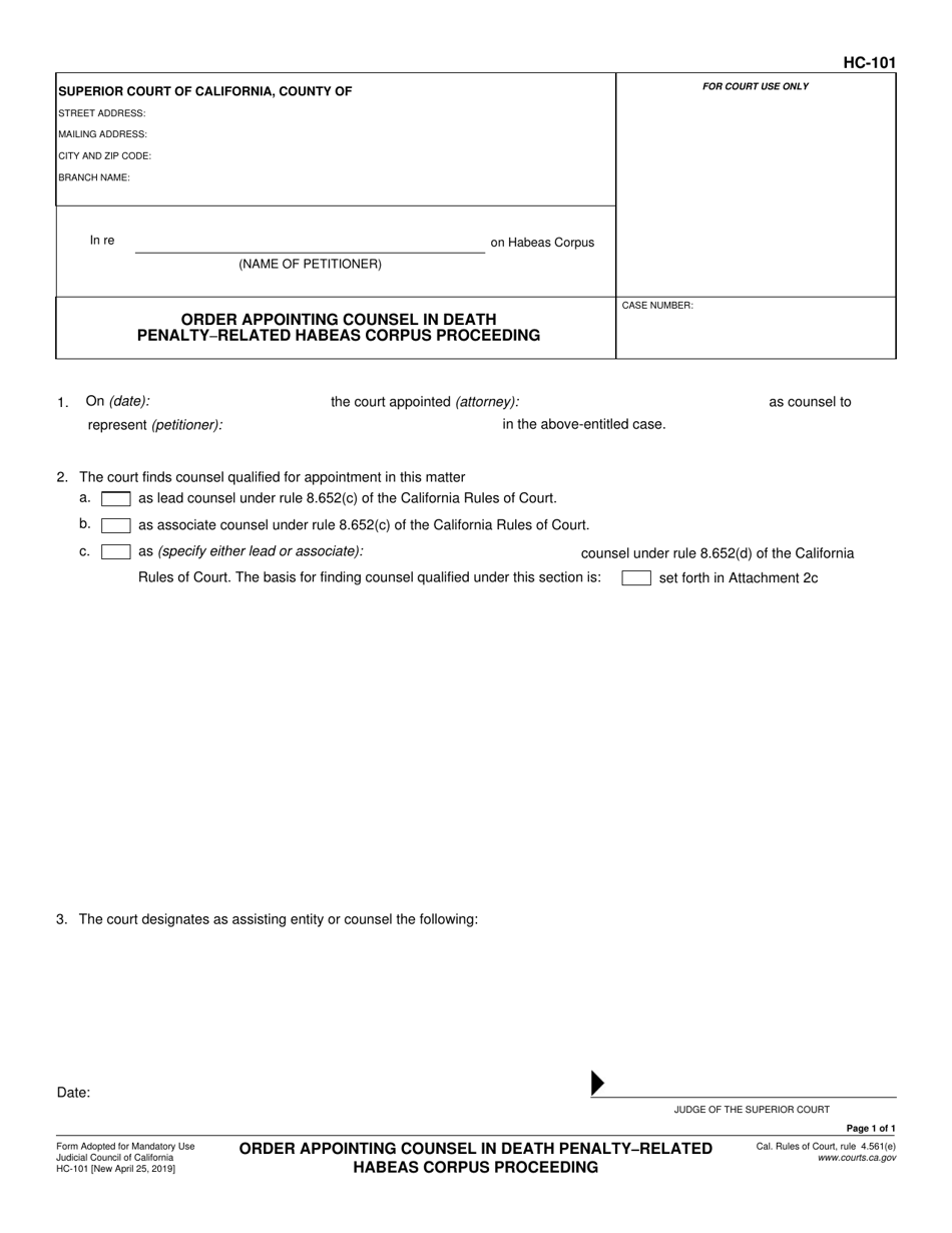Form HC-101 Order Appointing Counsel in Death Penalty-Related Habeas Corpus Proceedings - California, Page 1