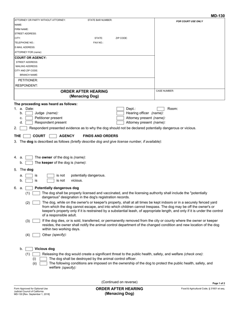 Form MD-130 Order After Hearing (Menacing Dog) - California