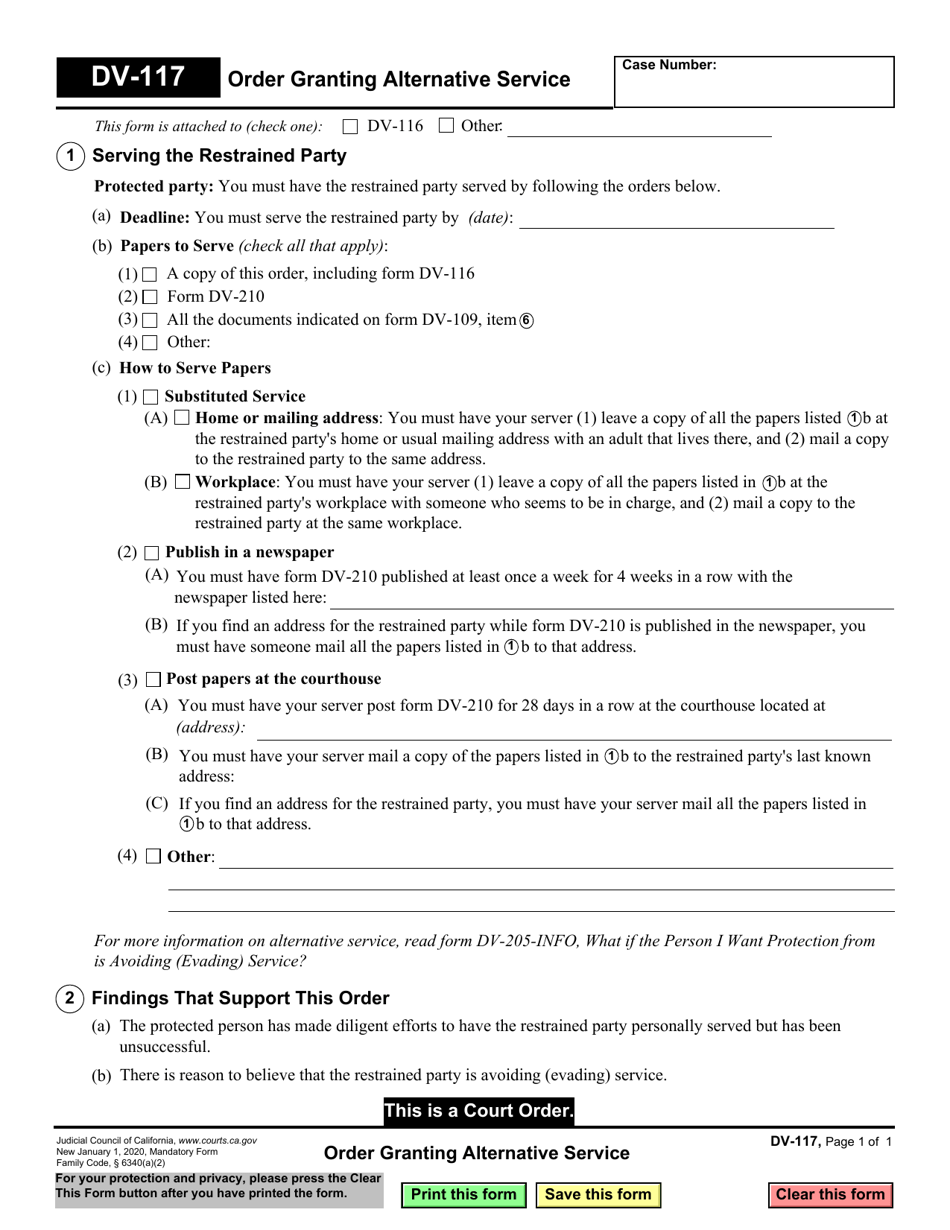 Form DV-117 Order Granting Alternative Service - California, Page 1