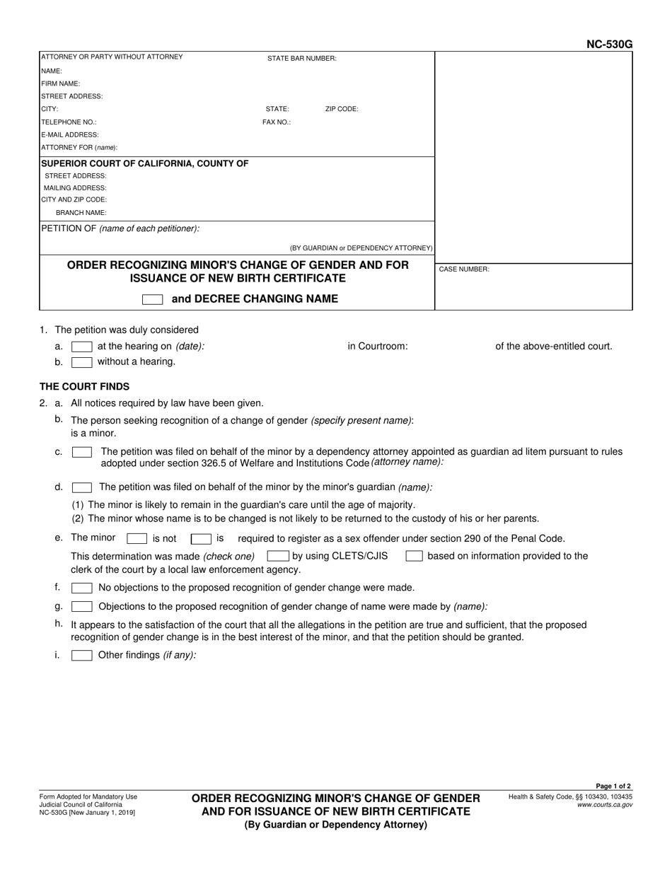 Form NC-530G Order Recognizing Minors Change of Gender and for Issuance of New Birth Certificate (By Guardian or Dependency Attorney) - California, Page 1