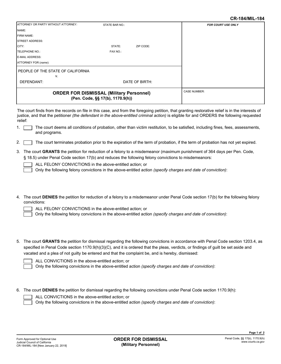 Form CR-184 (MIL-184) Order for Dismissal (Military Personnel) - California, Page 1