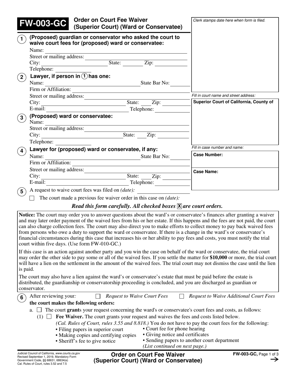 Form FW-003-GC Order on Court Fee Waiver (Superior Court) (Ward or Conservatee) - California, Page 1