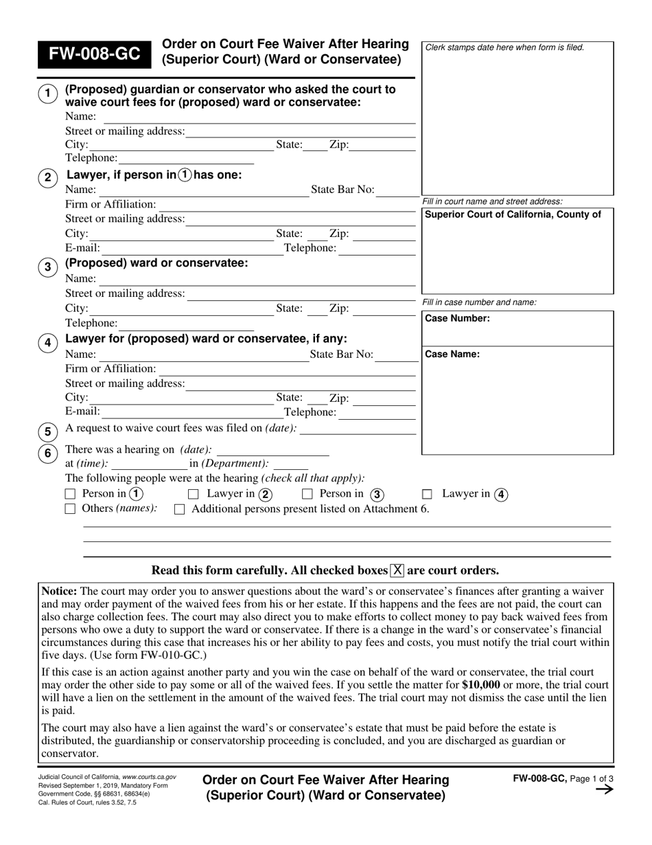 Form FW-008-GC Order on Court Fee Waiver After Hearing (Superior Court) (Ward or Conservatee) - California, Page 1