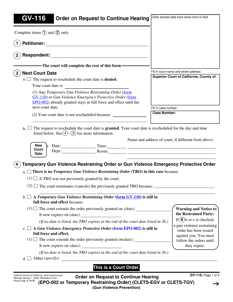 Form GV-116 Order on Request to Continue Hearing - California, Page 1