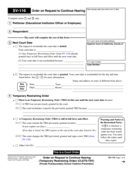 Form SV-116 &quot;Order on Request to Continue Hearing (Temporary Restraining Order) (Clets-Tsv) (Private Postsecondary School Violence Prevention)&quot; - California